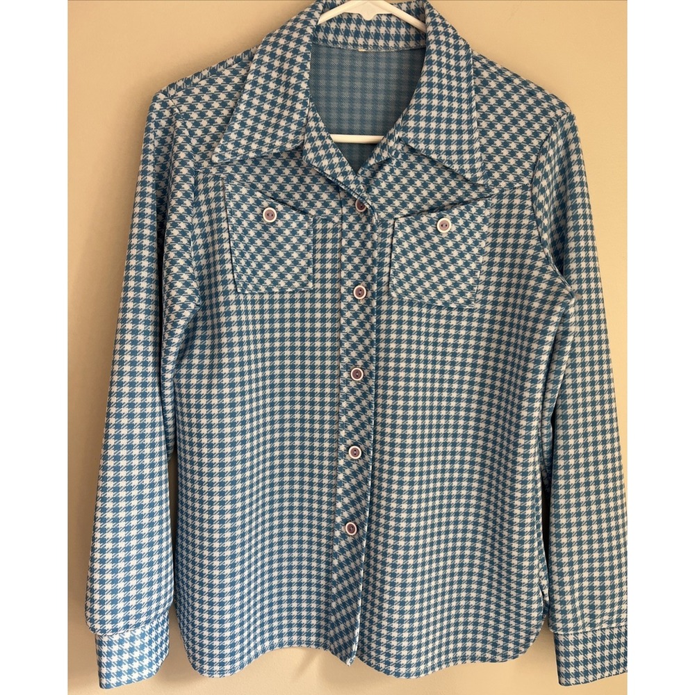 Vintage 70s Houndstooth Knit Shirt Blue Disco Wing Collar Womens M/L - Picture 3 of 10